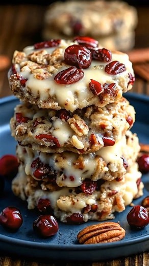 Cranberry Pecan Oatmeal Cookies | Soft, Sweet, and Cozy with a Vanilla Glaze 🍒 These little beauties remind me of Christmas mornings with my mom baking in her cozy robe, cinnamon in the air, and Bing Crosby playing in the background ❤️ Ingredients: For the cookies: 1 cup old-fashioned oats ¾ cup all-purpose flour ½ tsp baking soda ½ tsp cinnamon ¼ tsp salt ½ cup unsalted butter, softened ½ cup light brown sugar, packed ¼ cup granulated sugar 1 large egg 1 tsp vanilla extract ¾ cup dried cranber