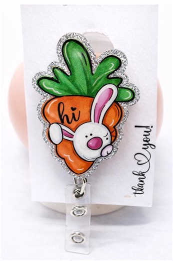 Hi Bunny Carrot Badge Reel | Cute Easter Bunny ID Badge Holder | Spring Badge Reel for Nurses Teachers Vet Tech | Alligator Clip Belt Clip L - Etsy