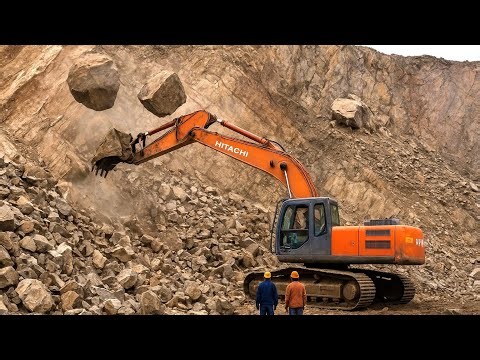 Excavator Breaking Mountain Rocks – Extreme Heavy Equipment Power