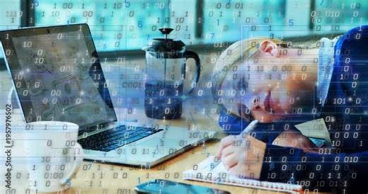 Woman writing at table on tech task, pen touching paper initiating growing binary overlay on laptop