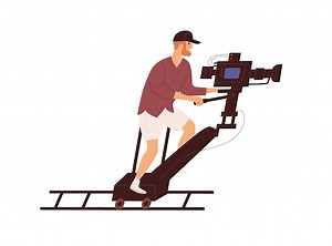 Premium Vector | Cameraman shooting on tracking dolly system for zooming. Video operator and camera moving on rails during film-making. Film production technology. Flat vector illustration isolated on white background