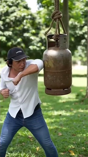 He's practicing martial arts with a gas cylinder up in a tree this afternoon.#kungfu