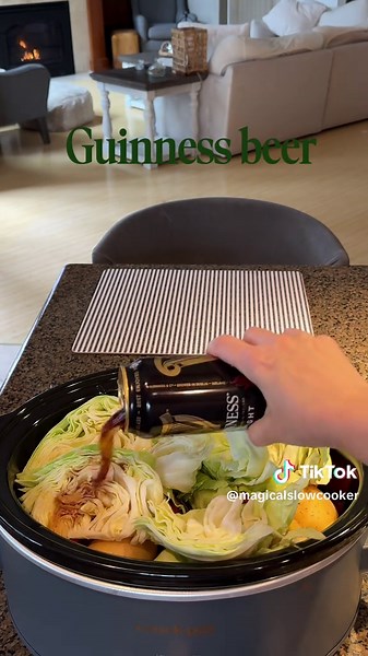 🍺 Guinness Corned Beef and Cabbage ☘️ Find this recipe and hundreds more at The Magical Slow Cooker ⬇️ 🟢 Ingredients 🥩 2½ lb. flat cut corned beef brisket 🧂 Seasoning packet from roast 🍺 12 oz. Guinness beer (extra stout) 🍯 ¼ cup brown sugar 🍃 1 bay leaf 🥔 8 Yukon gold potatoes 🥕 4 carrots 🧄 2 garlic cloves 🥬 ½ head cabbage, sliced 🟢 Dump In 🥩 Add the rinsed corned beef to the crockpot. 🧂 Sprinkle over the seasoning packet and brown sugar. 🥔 Add potatoes, carrots, garlic, and the 