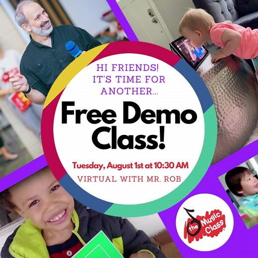 Free Virtual Demo Class with Mr. Rob! August 1st at 10:30am. https://www.eventbrite.com/e/the-music-class-free-virtual-music-class-for-the-whole-family-tickets-635357991857?aff=FacebookLink | The Music Class | Facebook