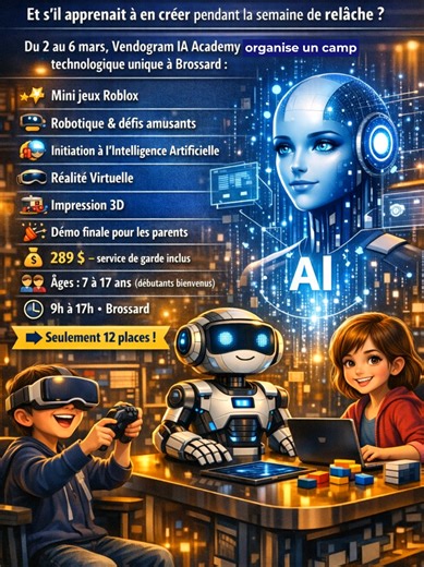 🎮 Votre enfant adore les jeux vidéo ? Et s’il apprenait à en créer pendant la semaine de relâche ? Du 2 au 6 mars, Vendogram IA Academy organise un camp technologique unique à Brossard : ✨ Mini jeux Roblox 🤖 Robotique & défis amusants 🧠 Initiation à l’Intelligence Artificielle 🕶️ Réalité Virtuelle 🧩 Impression 3D 🎉 Démo finale pour les parents 💰 289 $ — service de garde inclus 🧒 Âges : 7 à 17 ans (débutants bienvenus) 🕘 9h à 17h 📍 Brossard ➡️ Seulement 12 places ! Inscrivez votre enfan