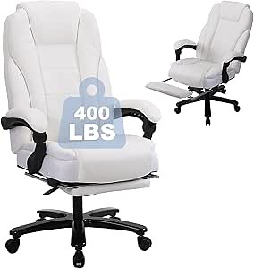 KCREAM Reclining White Office Chair with Footrest 450lbs,Big and Tall Cream Office Chairs with Wide Thick Seat,Ergonomic Executive Chair Leather Computer Desk Chair with Back Support