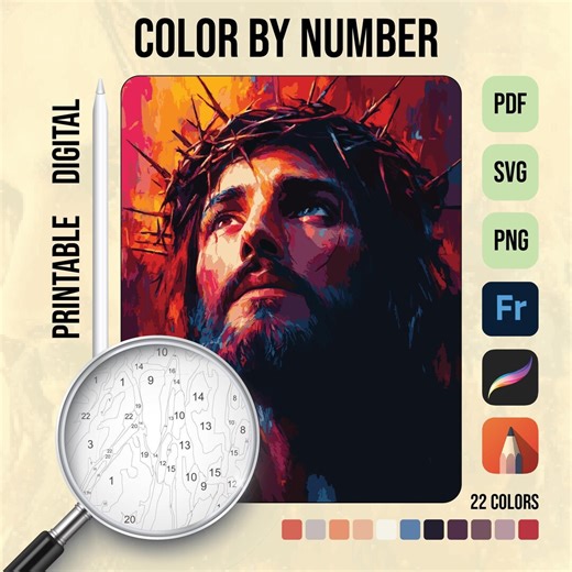 Jesus Color by Number, Digital Art for Adults, Printable Christian Coloring Page, Digital Download, Color by Number, Bible Art Painting - Etsy