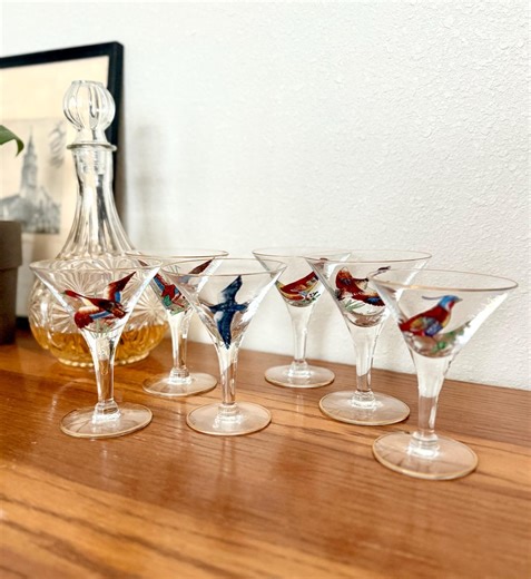 Set of 6 Hand Blown Martini Glasses • Hand Painted Pheasant Gold Rim Barware - Etsy