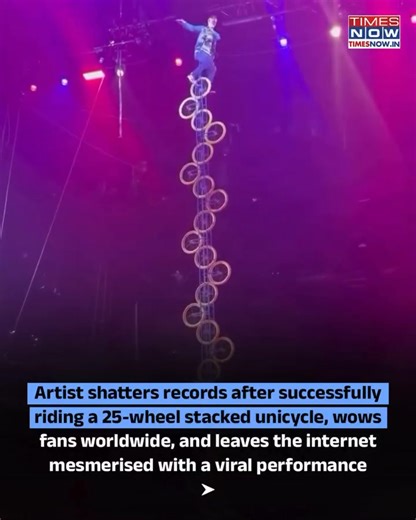 Circus performer Wesley Williams, famously known as the “One Wheel Wonder”, stunned audiences by riding a unicycle made from 25 individual one-wheelers stacked and welded together. 🎥-onewheelwesley/Instagram #Viral #TimesNow | TIMES NOW
