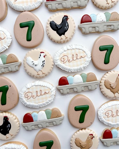 Keyway Cookies| Custom Decorated Sugar Cookies| South Jersey | 🐔Cute chicken themed cookies to celebrate a 7th birthday! 🎈🎉#birthdaycookies #farmcookies #chickencookies #eggcookies #customcookies... | Instagram