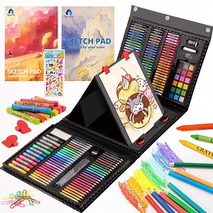 Art Supplies, 240-Piece Drawing Art kit, Gifts Art Set Case with Double Sided Trifold Easel, Includes Oil Pastels, Crayons, Colored Pencils, Watercolor Cakes, Sketch Pad (BLACK)