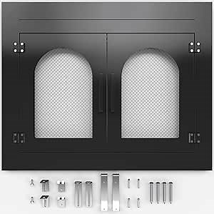 Black Fireplace Screen with Glass Doors - 37.5x30'' Magnetic Mesh Fire Spark Guard - Fits Masonry Fireplace (30in to 37in W x 22.7in to 29.5in H)