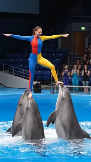 Jessica’s Synchronized Dolphin Stunt in 8K | Ultra-Realistic Indoor Pool Show🐬🐬❤️ #realreel