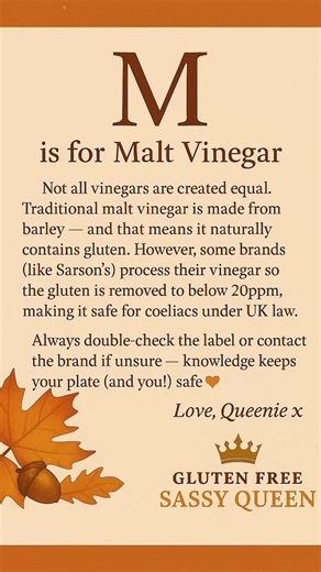 🍁 M is for Malt Vinegar Not all vinegars are created equal! Traditional malt vinegar is made from barley, and that means it naturally contains gluten. However, some brands (like Sarson’s) process their vinegar so the gluten is removed to below 20ppm, making it safe for coeliacs under UK law. Always double-check the label or contact the brand if unsure, knowledge keeps your plate (and you!) safe 💛 👑 Love, Queenie x | Gluten Free Sassy Queen