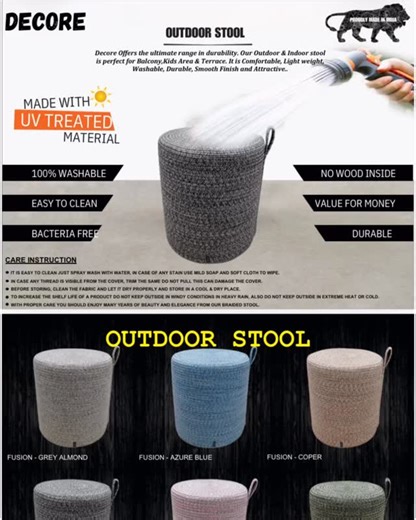 Mitesh Shah on Instagram: "*🌿 DeCore – Outdoor Stools & Rugs 🌿* UV Treated | Weather Resistant | Long Lasting *✨ Outdoor Stools* ( 16” x 16” & H-18” ) • *Single Color* — ₹ 2,700 + 18% GST • *Multi Color* — ₹ 3,000 + 18% GST • *Metal Legs* — Add ₹ 300 extra ⸻ *🧵 Outdoor Rugs* • *Fixed Size Rugs* — ₹ 165 per sq.ft + 5% GST • *Customised Size Rugs* — ₹ 200 per sq.ft + 5% GST ⸻ *Why Choose DeCore Outdoors?* ⭐ *UV treated & fade resistant* ⭐ *Stylish, durable & weatherproof* ⭐ *Perfect for balconi