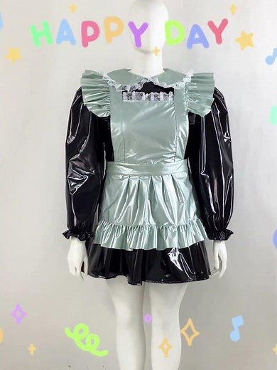 7200 Wetlook PVC Leather Turn-down Neck Maid Uniform Maid Cosplay Costume