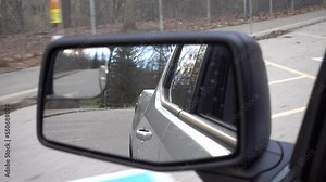 Pickup Truck Service Vehicle Mirror Closeup Driver Side View Driving Through Park