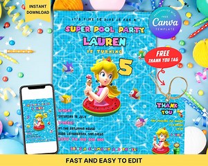 Editable Princess Peach Pool Party Birthday Invitation With Free Thank You Tag, Digital and Printable Girls Birthday Party Invite - Etsy