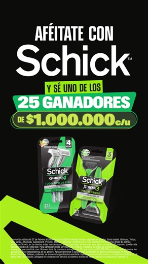 ¿Listo para ganar $1.000.000? 💸 Aféitate con Schick y conviértete en uno de los 25 ganadores de $1.000.000 cada uno. ¿Cómo participar? 👇 Compra desde $3.000 en productos Schick Sube tu boleta en participaconschick.com ¡Y listo! 1 millón de pesos puede ser tuyo. *promoción valida solo para Chile