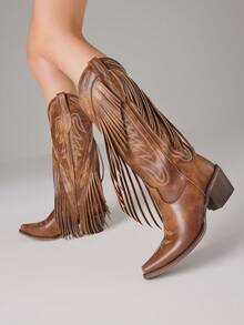 Fashionable Casual Western Cowgirl Boots For Women Tassels Block Heel Boots High Heels Slip-On Vintage Women's Boots