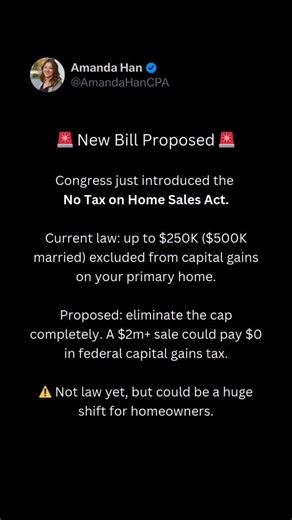 Amanda Han | Real Estate CPA & Tax Strategist on Instagram: "🚨 Big proposal in Congress 🚨Congresswoman Marjorie Taylor Greene recently introduced the No Tax on Home Sales Act. 🔹 What it would do: eliminate federal capital gains tax on the sale of a primary residence. 🔹 Why now: the current $250K/$500K limits haven’t been updated since 1997, and with today’s housing prices, even middle-class families are getting taxed. ⚠️ Reminder: this is still just a proposal, not law yet. But if passed, it