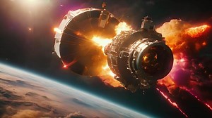 Download Exploding spaceship scene. Abstract fractal design of glowing blue planets in space. Swirling with cosmic energy and light for free