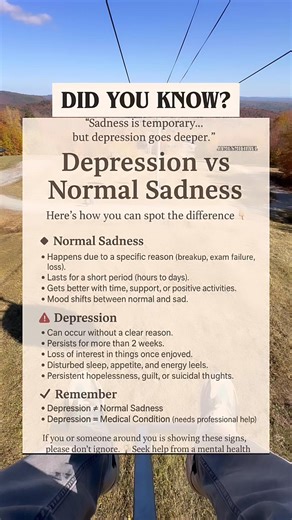 James Michael on Instagram: "Spot the difference: Normal Sadness vs. Depression. Sadness is temporary, but depression goes deeper. It's important to know the signs and when to seek help. Don't ignore persistent feelings. 💡 #MentalHealthAwareness #DepressionAwareness #ItsOkayToNotBeOkay #MentalWellness"