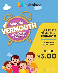 ¡Vive un feriado de película con la #Vermouth de Multicines! 🤩 Disfruta de tarifas reducidas desde $3.00 de 10:00 AM a 12:50 PM ¡Te esperamos! Compra tus boletos y combos desde nuestra app o web aquí: onelink.to/gxw5cm #MulticinesUnLugarSeguro #AlCineConConfianza | MULTICINES :: Ecuador ::