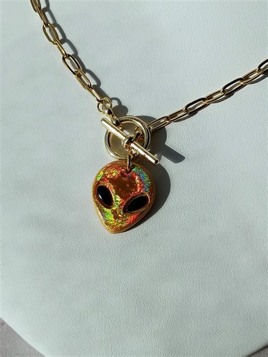 Gold Holographic Alien Charm Necklace, Lightweight, Handmade, Polymer Clay, Alien Charm, Charm Necklace, Holographic, Gold, Gold Alien - Etsy