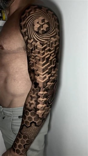 🔥 Geometric Full Sleeve Tattoo | Black & Grey Dotwork Masterpiece 🔥