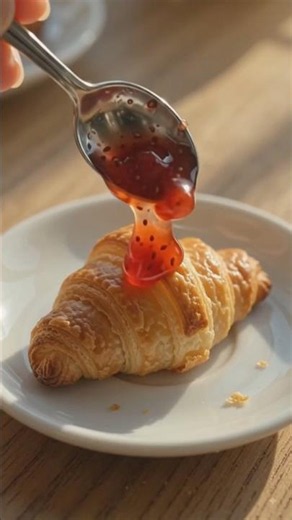 Freshly baked butter croissant with sweet strawberry jam 🥐🍓#food #ASMR #Croissant #miniature