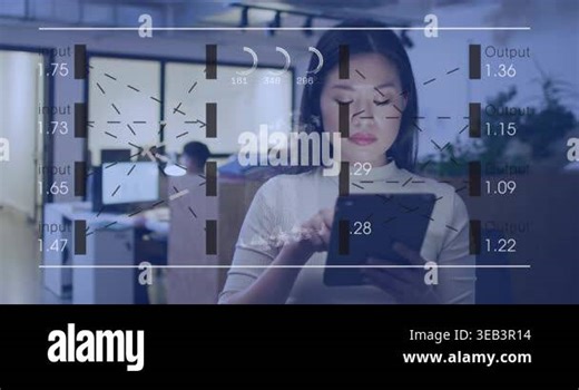 Animation of data processing against asian woman using digital tablet at office. Computer interface and business technology concept Stock Video Footage - Alamy