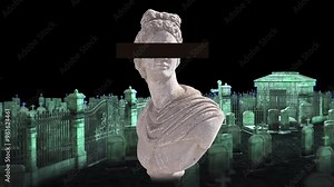 Bust statue with black bar over eyes, over animation of graveyard at night