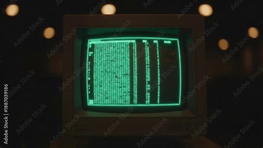 Vintage cathode ray tube monitor displaying neon green terminal screen data at night