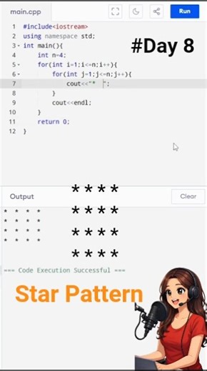 || Day 8 ||🔥 Print * Square Pattern in C++ | 4x4 Easy Trick #PatternPrinting #Beginners #Shorts