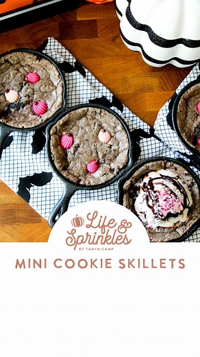 Taryn Camp on Instagram: "Mini Cookies and Cream Skillets! This cookie dough is bigger than regular break and bake dough so if you use another flavor you might need more. Spray the pans first then bake for 20 min (depending on what you used.) Pink pumpkins are @sprinklepop.shop 💖 #cookies #cookie #cookiesandcream #oreo #oreos #oreocookies #icecream #semihomemade #icecreamlover #baking #bakebakebake #halloweendesserts"