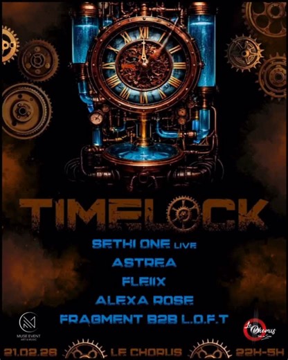 Muse Event Art & Music on Instagram: "TIMELOCK ⚙️ Muse Event vous ouvre les portes d’un voyage hors du temps. Ici, le temps s’est figé. TIMELOCK est une immersion totale : les rouages grincent, la vapeur s’échappe, et le temps se dérègle au rythme des basses. Le 21 février 2026, Le Chorus se transforme en une usine hors du temps. Un Live Techno jaillit des entrailles mécaniques. La Hardtrance, la Hardbounce et la Hardtechno accélèrent les battements des cœurs, jusqu’à ce que la Drum’n’Bass brise