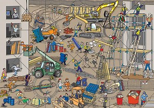 Building/construction site hazard spotting cartoon…