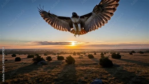 Red-tailed hawk flying above a field during sunrise, hunting prey at dawn in a natural habitat