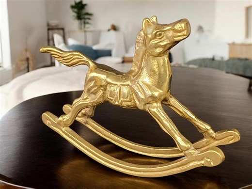 Vintage Brass Rocking Horse – Cast Metal Nursery Decor, Etched Saddle Accent - Etsy