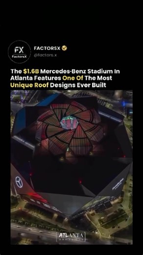 FactorsX on Instagram: "The $1.6 billion Mercedes-Benz Stadium features one of the most unique retractable roofs ever built. Its roof is made of eight translucent panels that slide open in straight lines, creating the illusion of a bird spreading its wings mid-flight. The result isn’t just functional—it turns the entire stadium into a moving piece of design. It’s a reminder that when engineering and creativity work together, infrastructure doesn’t just serve a purpose—it becomes an experience. L