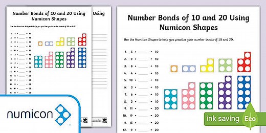 Number Bonds of 10 and 20 Using Numicon Shapes Activity Sheet