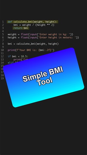 Build a simple BMI calculator in Python to track your health! 🏋️‍♂️ #BMI #Python --- Get the Python for AI course 6 projects at the link in bio. 🐍