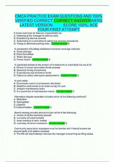 Latest CMCA PRACTICE EXAM QUESTIONS AND 100 VERIFIED CORRECT ANSWERS LATEST VERSION SCORE 100 ACE YO