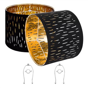 KFFKFF Set of 2 Drum Lamp Shades, 13 in Top x 13 in Bottom x 10 in Height, Medium-Sized Replacement Shades with Harp for Table, Floor, and Pendant Lamps, Black Hollow-Carved Pattern Design