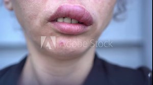 Allergic reaction to insect sting. A woman who are stung by a bee. Edema, swelling lips