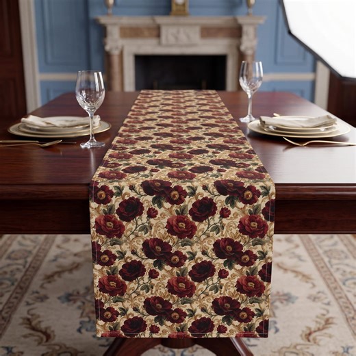 Table Runner Crimson Poppy Gold Baroque | Grandmillennial Floral Dining Decor - Etsy