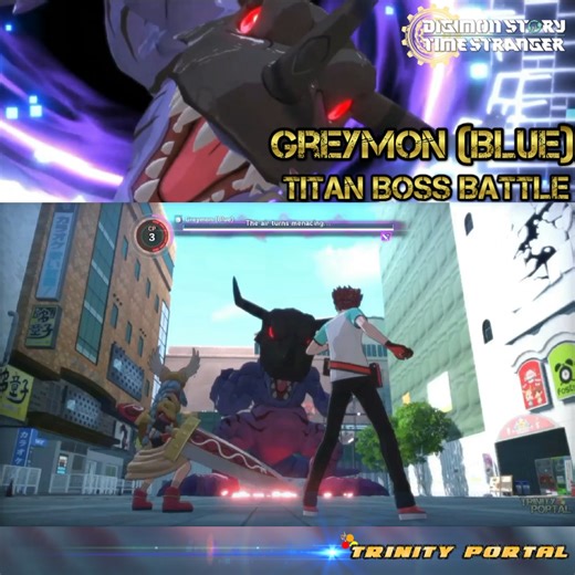 23K views · 174 reactions | Digimon Story Time Stranger - 1st Titan Boss Battle Greymon (Blue) Minervamon appear to fight with the Titan Digimon Greymon! Disaster between two world is approaching! #DigimonStoryTimeStranger #TimeStranger #digimon | Trinity Portal | Facebook