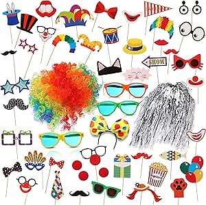 XunYee 57 Pcs Carnival Party Decoration Include Circus Photo Booth Props Clown Wig Silver Wig Clown Headband Clown Nose Funny Plastic Glass Clown Accessory Kit Party Supplies Carnival Birthday Party