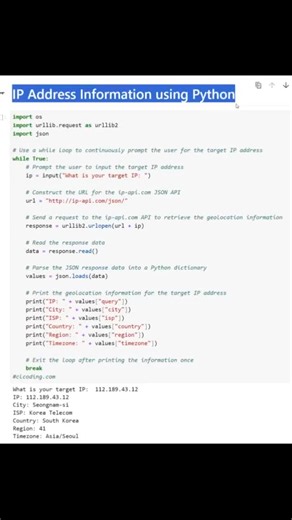 Get IpAdress information using Python #foryou #followers #fyp #programming #h_solution #python #fyp